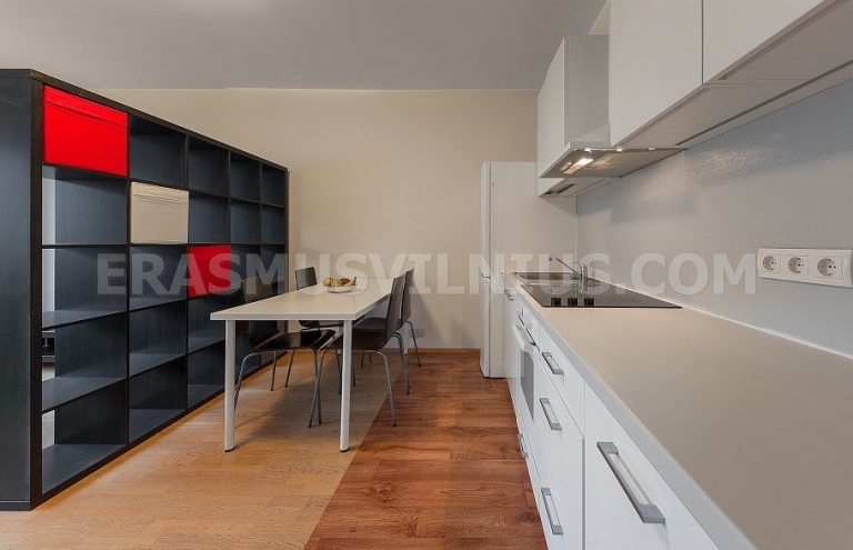 Combined kitchen and living room with sofa and dining area in Erasmus flat, Vilnius