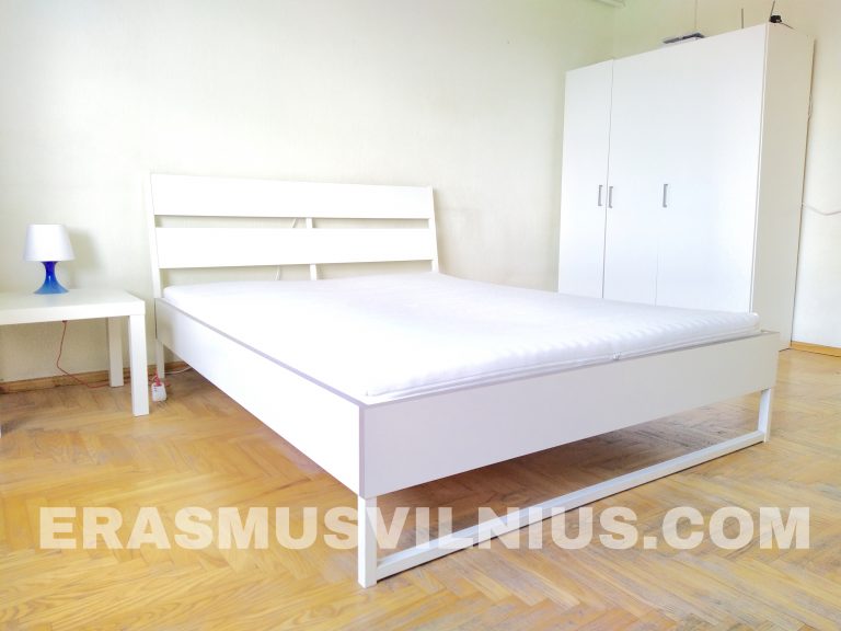 Bathroom with shower cabin and washing machine in Erasmus Vilnius Flat 3